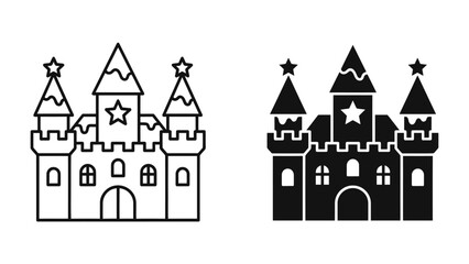 Fairytale Castle Icons: A charming illustration featuring two castle icons, one in outline and the other in silhouette, perfect for adding a touch of fantasy to your designs. © Md