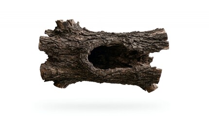 Obraz premium Natural weathered hollow tree log with rough aged brown bark texture isolated on white background element