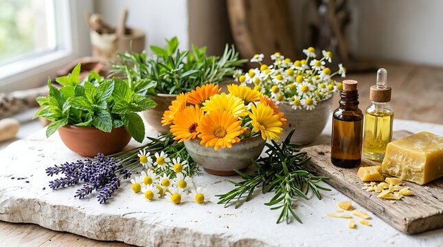 Fresh healing herbs and flowers with essential oil bottles and handmade soap on a rustic stone table