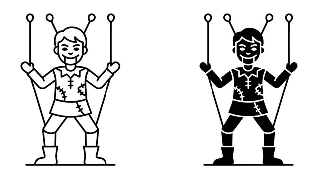 Marionette Puppet Icon: A stylized marionette puppet, depicted in both line art and silhouette, controlled by strings from above, representing performance and manipulation.