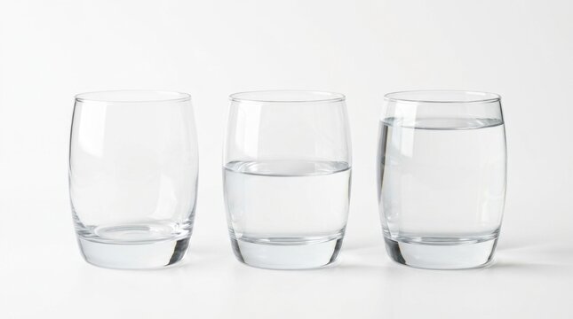 Three glasses of water showing empty, half full, and full stages on a white background, conceptual metaphor for optimism and pessimism