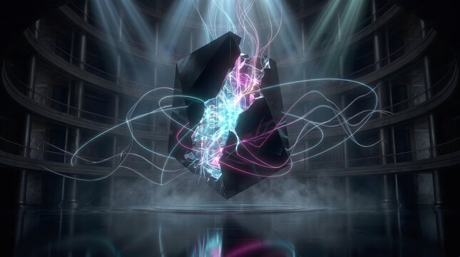Futuristic black geometric monolith floating in dark circular hall with glowing neon blue and pink energy lines with inside circular architectural