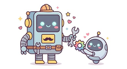 Naklejka premium Cute mechanic robot and small assistant working together