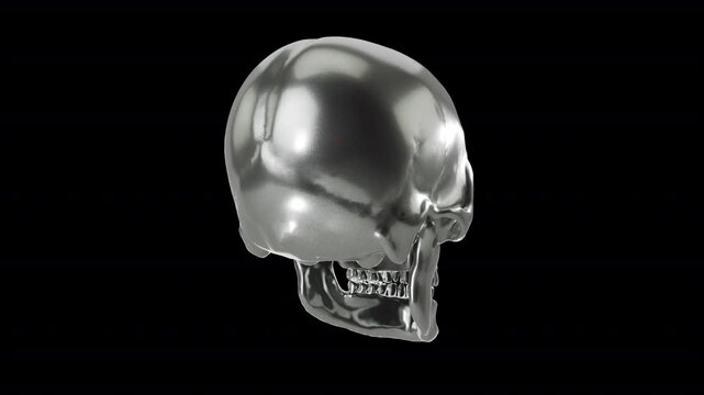 Shiny Silver Human Skull Rotating 360 Degrees Seamless Loop on Transparent Alpha Background