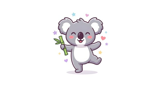 Happy kawaii koala holding bamboo stalk and dancing