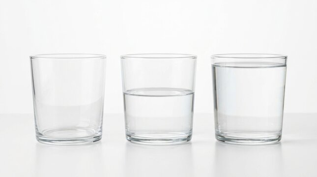 Three glasses demonstrating different water levels, empty, half full, and completely full, on a clean white background representing optimism and pessimism concepts.