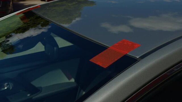 Close-up of dark car roof and rear window with red tape marks, reflecting sky and trees