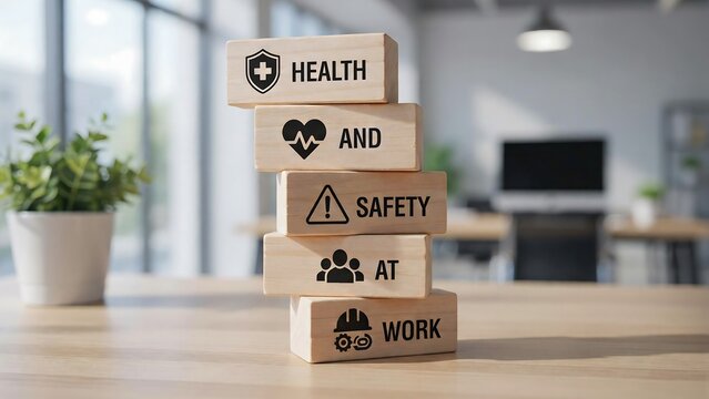 Wooden blocks stacked with health and safety at work text inscriptions on desk against blurred office interior background representing professional workplace risk management concept.