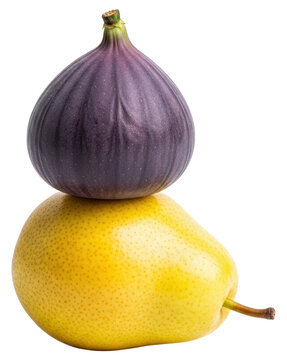 Fresh purple fig balanced on top of a yellow pear isolated on transparent