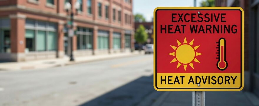 Official heat advisory and excessive heat warning sign along empty urban road with brick buildings in background providing critical weather information for residents and visitors.