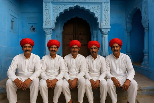  Five Local Men Dressed in Traditional Rajasthani Attire with White Kurta-Pyjamas & Bright Red Turbans Pagri in Blue City Jodhpur, Rajasthan, India in Painted House, Intricate Carved Pillars & Arches.