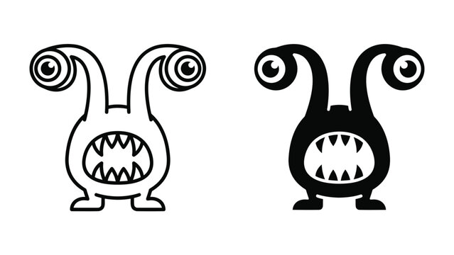 Friendly Monster Icons: A pair of charming and slightly mischievous monster icons, one in outline and the other in solid black, featuring big curious eyes, sharp teeth, and stubby legs.