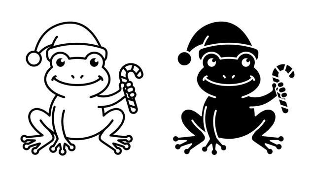 Christmas Frog Duo: Two cheerful frogs, one outlined and the other in silhouette, wear festive Santa hats and hold candy canes, embodying the holiday spirit.