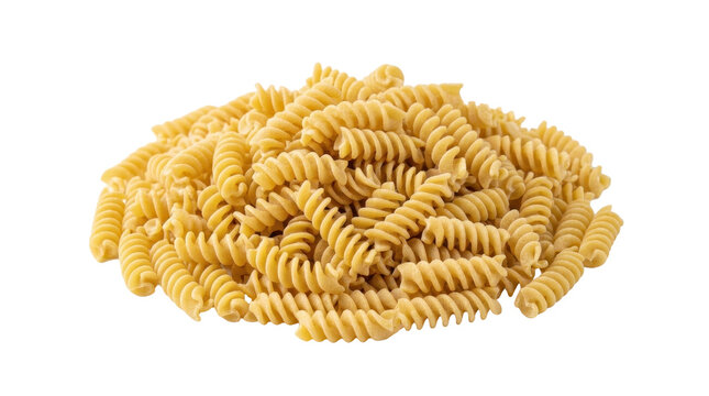 A vibrant pile of golden rotini pasta on a white background