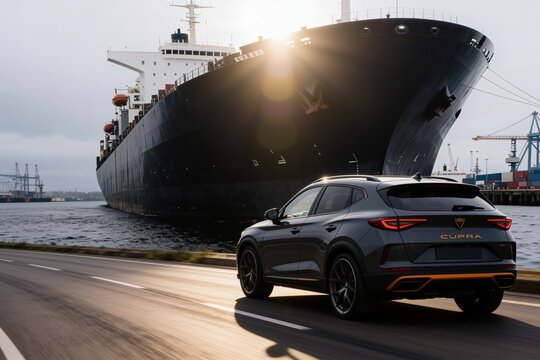 New Cupra Formentor against the backdrop of a huge cargo ship. Odesa, Ukraine. 2026.