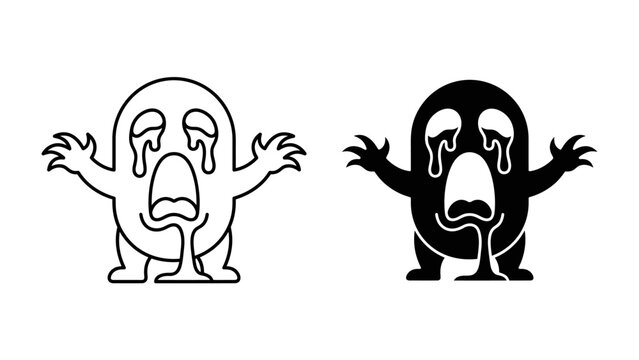 Wailing Ghost Illustration: A pair of cute ghost characters, one outlined and one solid black, weep profusely with mouths agape, hands outstretched, and drool dripping.