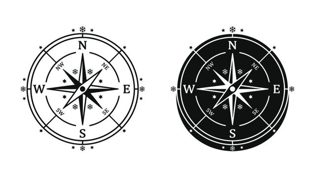 Navigational Tool: Two compasses, one outlined and one silhouetted, display cardinal directions N, S, E, W, indicating guidance and direction.