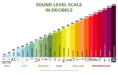 Sound level scale in decibels infographic. Educational bar chart with noise comparison from faint to extremely loud. Vector illustration © brichuas