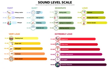 Sound level scale infographic diagram showing decibel noise comparison in grouped categories from faint to extremely loud. Vector illustration © brichuas