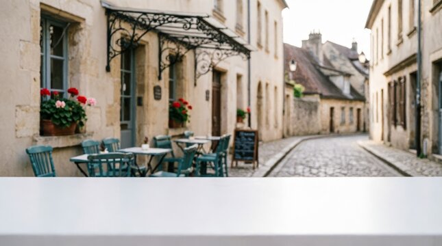Cobblestone Street Cafe with Outdoor Tables and Flower Boxes for Web Design
