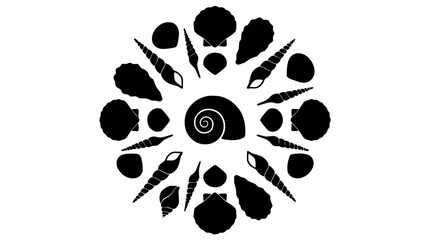 Seashell silhouettes vector set arranged in mandala circular pattern with spiral snail shell central icon for luxury marine branding © Md Imran