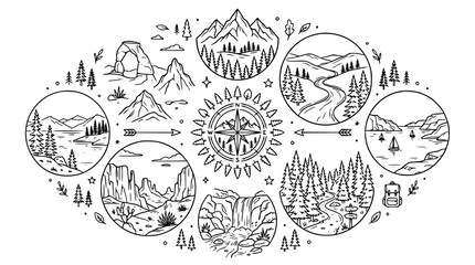 Naklejka premium Mountain wilderness and nature exploration line icons set arranged in oval vignette composition around a decorative compass rose rose