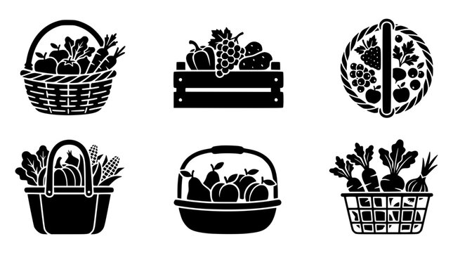 Fresh fruits and vegetables basket silhouettes vector set with autumn harvest crates farm product logos and grocery icons