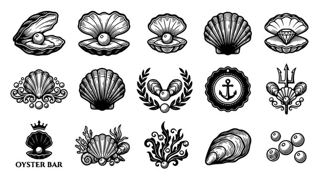 Ocean seashell and luxury pearl vintage engraving icon set featuring oyster scallop clam marine wildlife anchor trident and seafood restaurant logo symbols