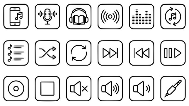 Music player interface line icon set inside rounded squares featuring media controls playlist volume settings microphone and audio streaming symbols
