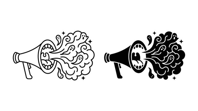 Dynamic Megaphone Illustration: A stylized megaphone spews out a burst of abstract energy, represented by swirling lines and stars, in both outlined and solid black versions.