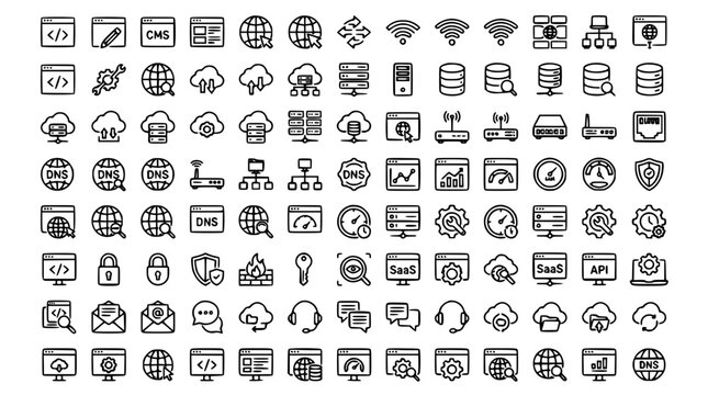 Web hosting cloud computing network infrastructure line icon set featuring server data database coding internet security api and system development symbols