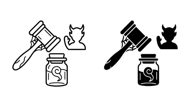 Justice and Temptation: A judge's gavel sits beside a jar containing a swirling liquid and a silhouette of a devil figure, symbolizing a moral dilemma or corruption within the justice system.