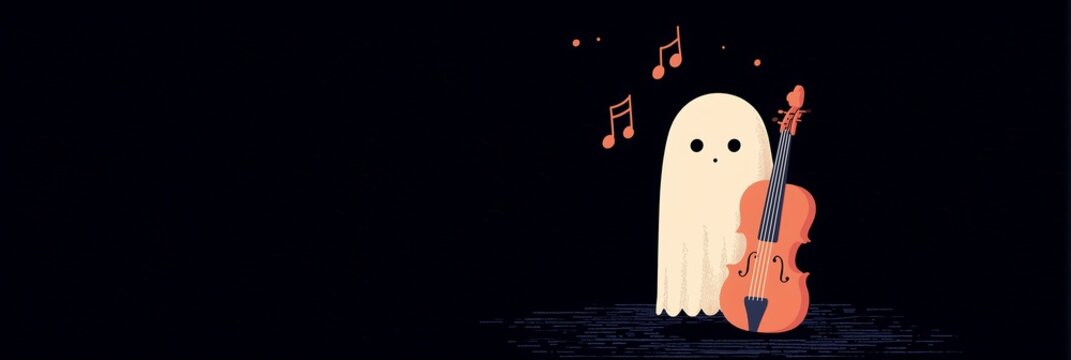 Cute Halloween pale ghost character beside wooden violin with floating peach musical notes dark wide horizontal banner spooky Halloween flat art for blog header social media page cover print layout