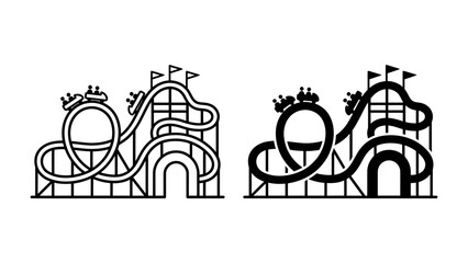 Roller Coaster Fun: Two stylized roller coasters with carts full of thrill-seekers climb and descend through loops and twists, symbolizing excitement and amusement park adventure. © Sugra