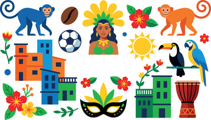 Brazil travel culture and carnival vector icon set featuring rio de janeiro favela houses monkey parrot toucan football and dancer character © Lili Begum