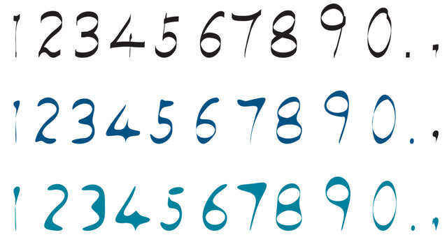 手描きの数字と、緩く加工した数字のセット。カリグラフィーペンで書いた数字