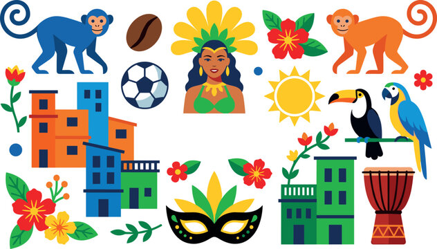 Brazil travel culture and carnival vector icon set featuring rio de janeiro favela houses monkey parrot toucan football and dancer character