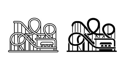 Roller Coaster Icons: A set of stylized line art icons depicting a thrilling roller coaster with multiple loops and drops, perfect for amusement park or entertainment themes. © Sugra