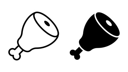 Fototapeta premium Meat Icon: Simple vector icons representing a piece of meat with a bone, in both outline and solid black form, perfect for culinary and food-related designs.