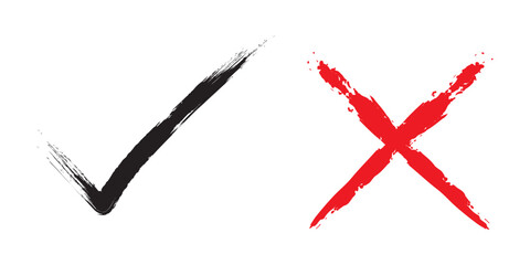 Check tick mark icon set. Cross box x check mark checkbox list vector draw hand drawn sketch doodle brush marker checklist symbol wrong right circle. hand drawn, grunge X sign. hand drawn tick mark. © Nur