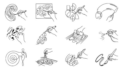 Obraz premium Artistic Hands Drawing: Creative Process Montage, Line Art Collection