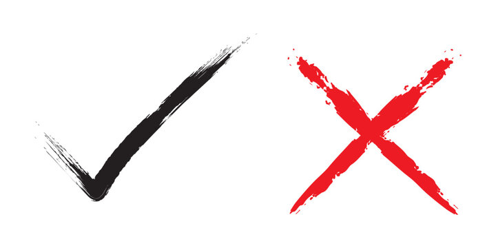 Check tick mark icon set. Cross box x check mark checkbox list vector draw hand drawn sketch doodle brush marker checklist symbol wrong right circle. hand drawn, grunge X sign. hand drawn tick mark.