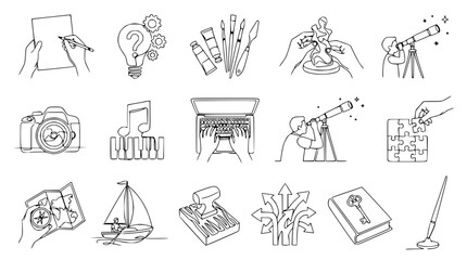 Creative Process Icons: Drawing, Idea, Art, Sculpture, Astronomy, Photography, Music, Coding, Exploration, Strategy © Petrik