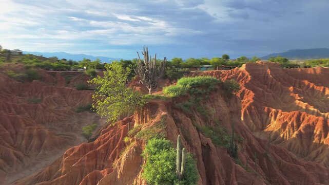 Aerial view of the Tatacoa Desert with red rock formations and cacti in Villavieja, Huila, Colombia.