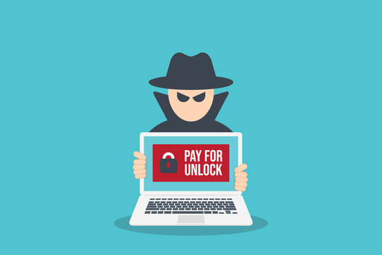 Ransomware Attack Payment Demand Hacker Holding Infected Laptop	