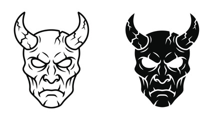 Demonic Visage: Two striking illustrations of a demonic face, one in black and white outline and the other as a stark black silhouette, both featuring menacing horns and fierce eyes. © Sugra