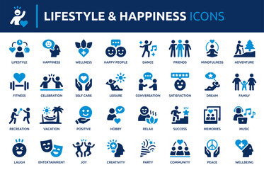 Fototapeta na wymiar Lifestyle and Happiness Icon set, containing wellness, friendship, family, dance, fitness, relaxation, and more. Solid vector icon collection.