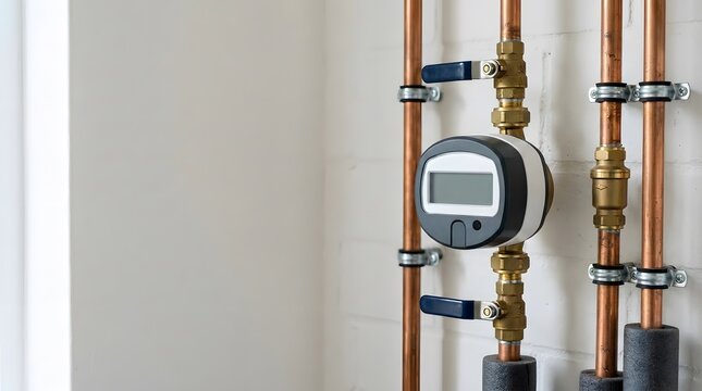 smart digital water flow meter installed on residential plumbing line for intelligent water monitoring leak detection and efficient household water management system