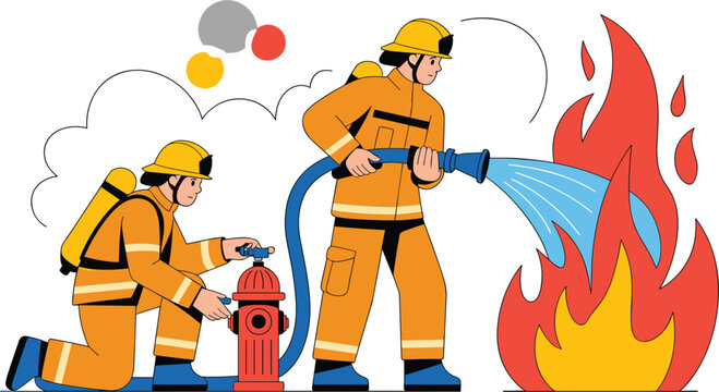 Firefighters extinguishing flame with hose, brave fireman character at red hydrant vector design illustration