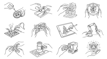 Naklejka premium Hands assembling electronics, 3D printing, and robotics concepts, line art collage